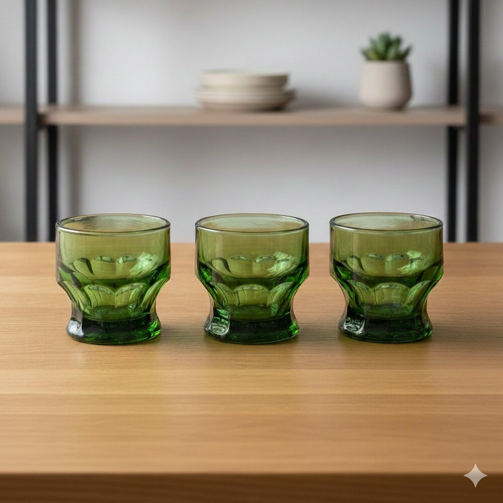 Vintage Mosser Glass Emerald Green Georgian Honeycomb 3 inch Tumblers - Set of 3